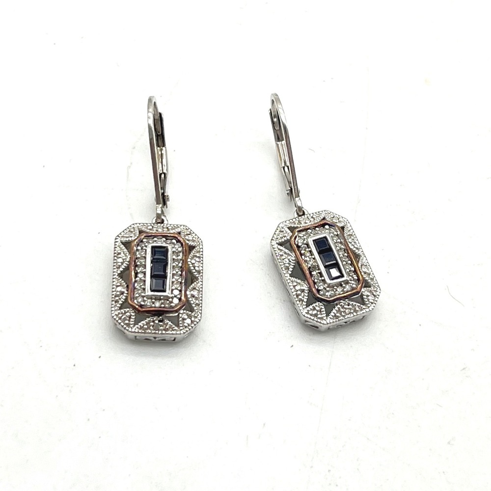 14k Gold 925 Silver Blue Sapphire Art Deco Filigree Leverback Drop Earrings